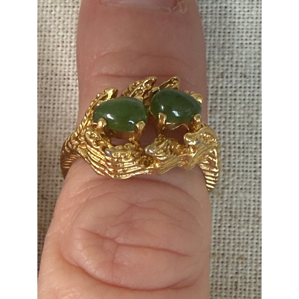 Vintage 14kt HGE Gold Green Faux Chalcedony Brutalist Statement Ring Size 6 - Picture 3 of 13